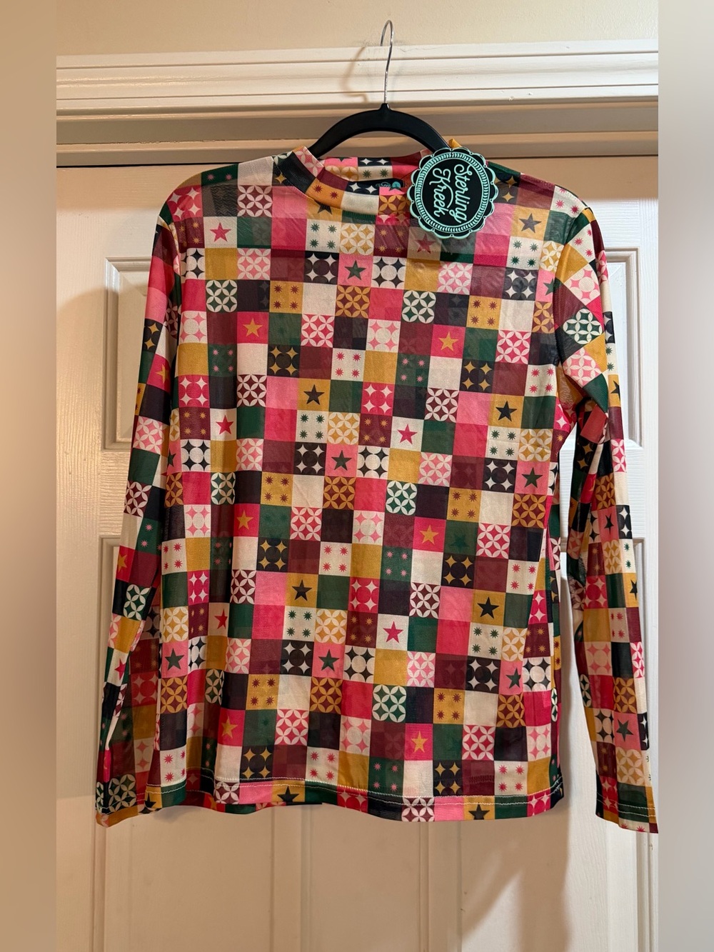 Sterling Kreek Colorful Patchwork Star Print Long Sleeve Multicolor Mesh Top NWT